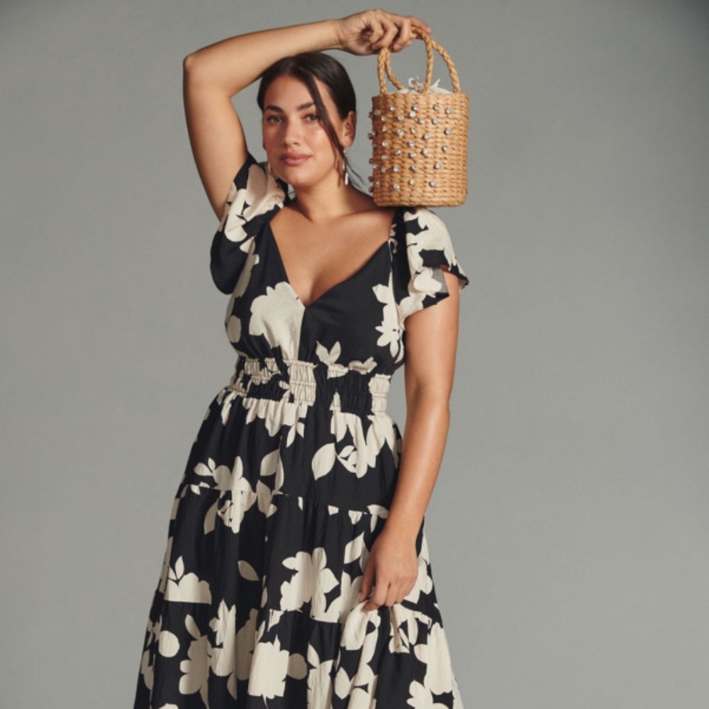 NWT Anthropologie Tiered Flutter-Sleeve Dress XL black/white